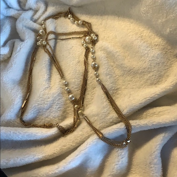 Golden Faux Pearl Long Necklace Multi Textured - Picture 4 of 6